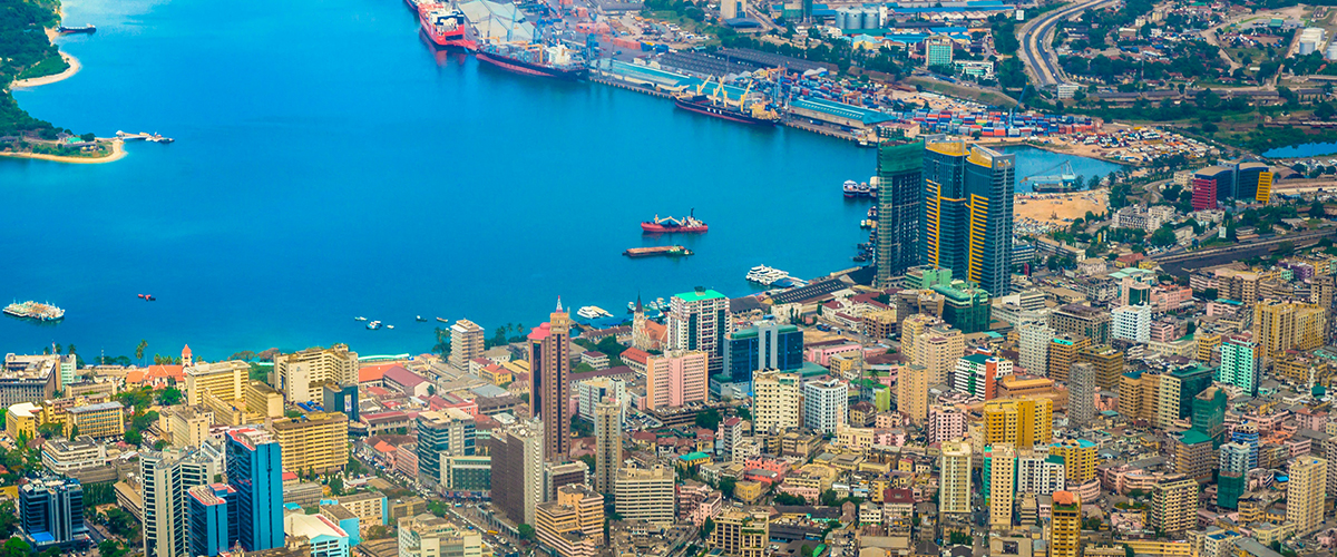 A Tanzanian city with an ocean/sea view.